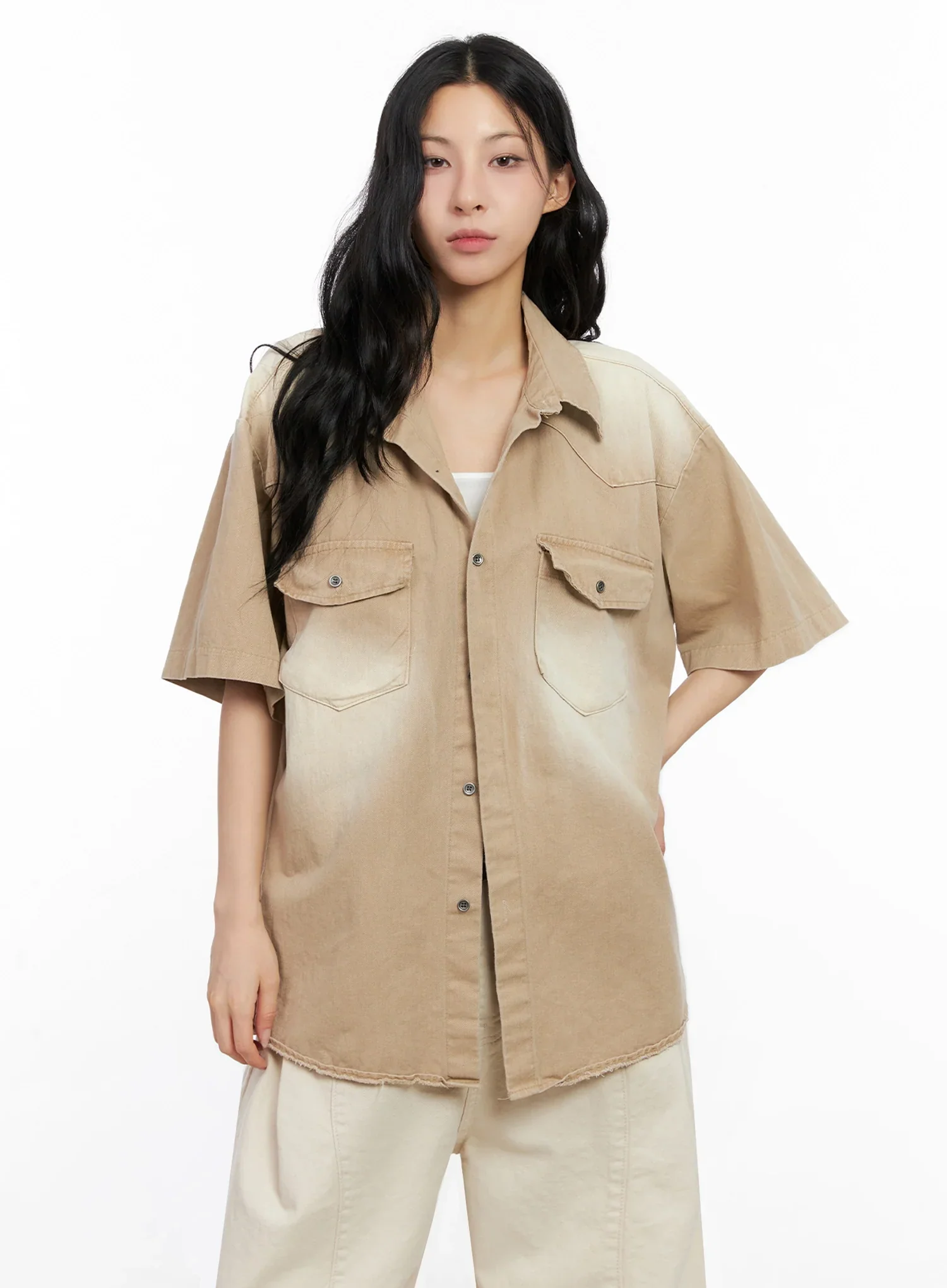 Washed Short-Sleeve Button-Up Shirt IG508 - Image 17
