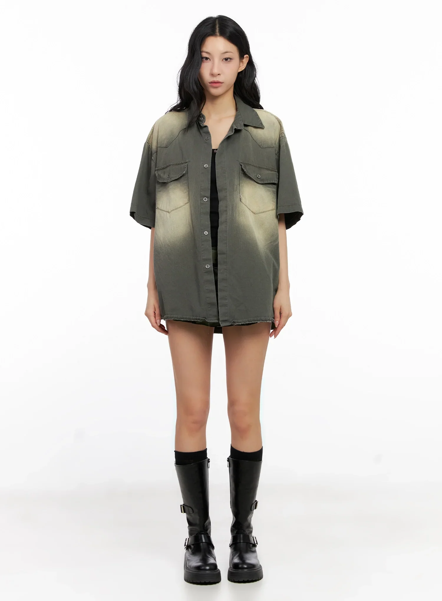 Washed Short-Sleeve Button-Up Shirt IG508 - Image 4