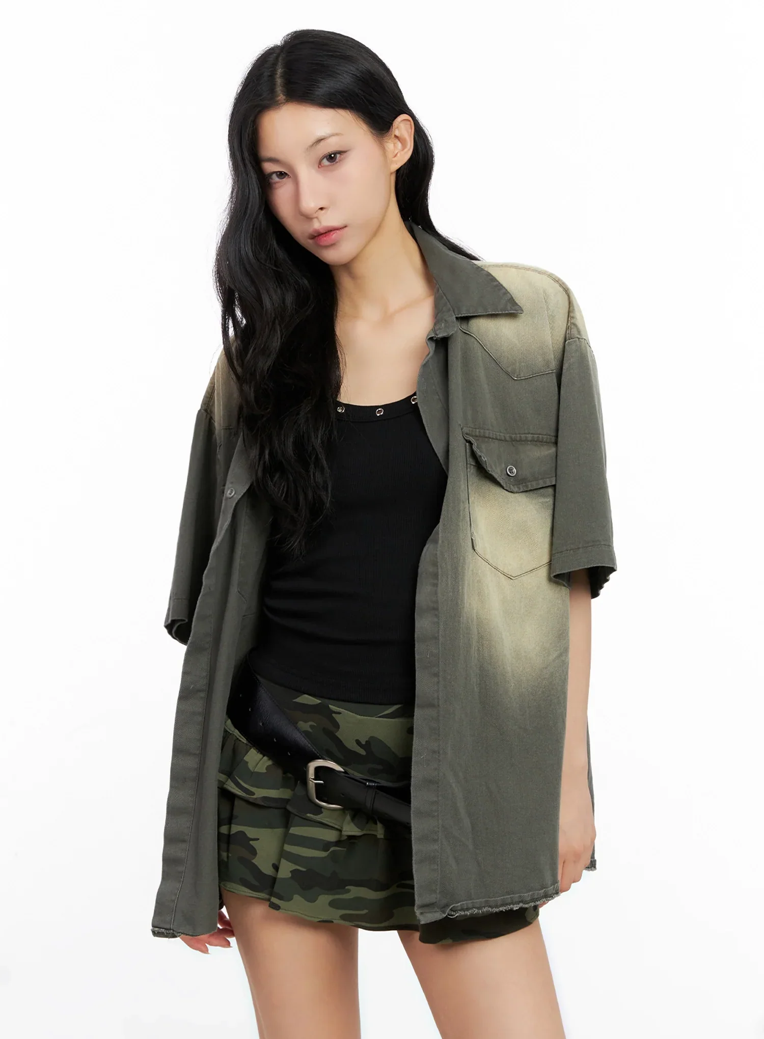 Washed Short-Sleeve Button-Up Shirt IG508 - Image 7