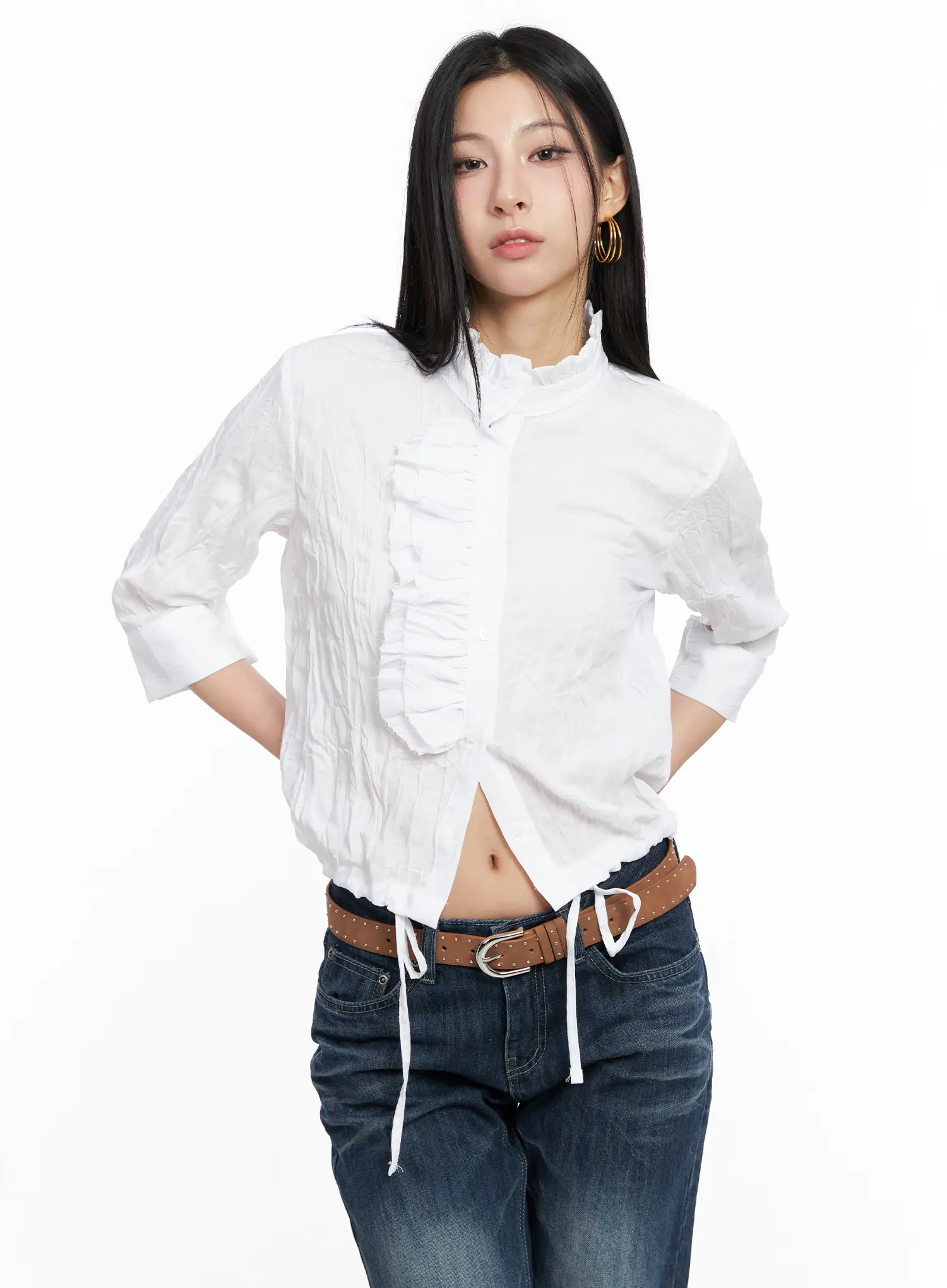 White Crinkled High Collar Top CC1109