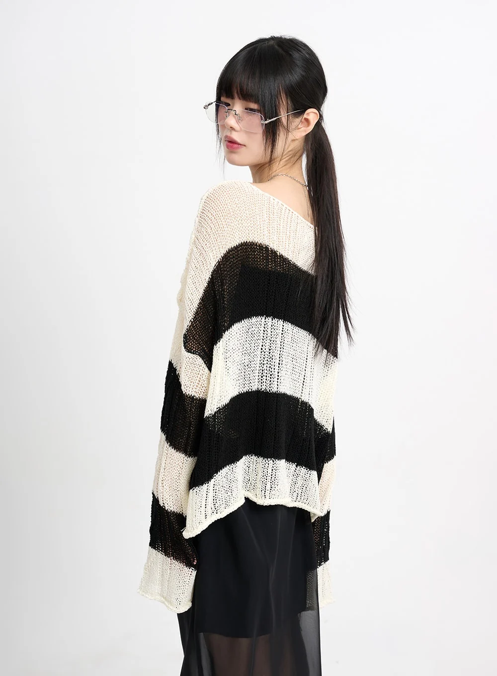 Wool Blend Hollow Out Striped Knit Sweater CM415 - Image 2