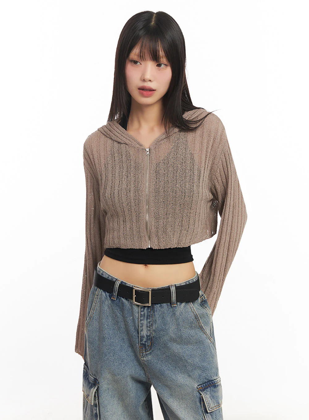 Zip-Up Sheer Hooded Cardigan IA528 - Image 14