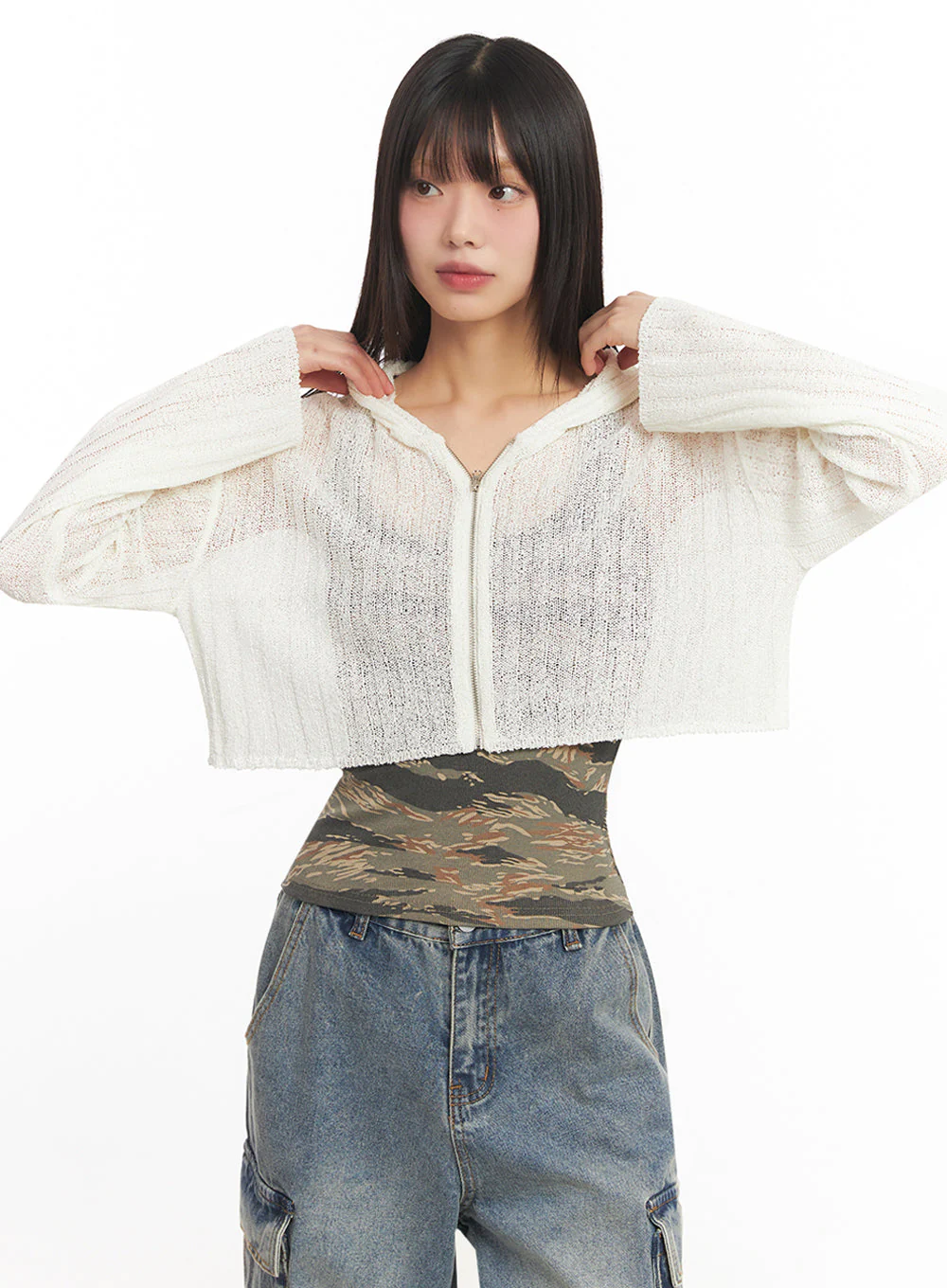Zip-Up Sheer Hooded Cardigan IA528 - Image 7
