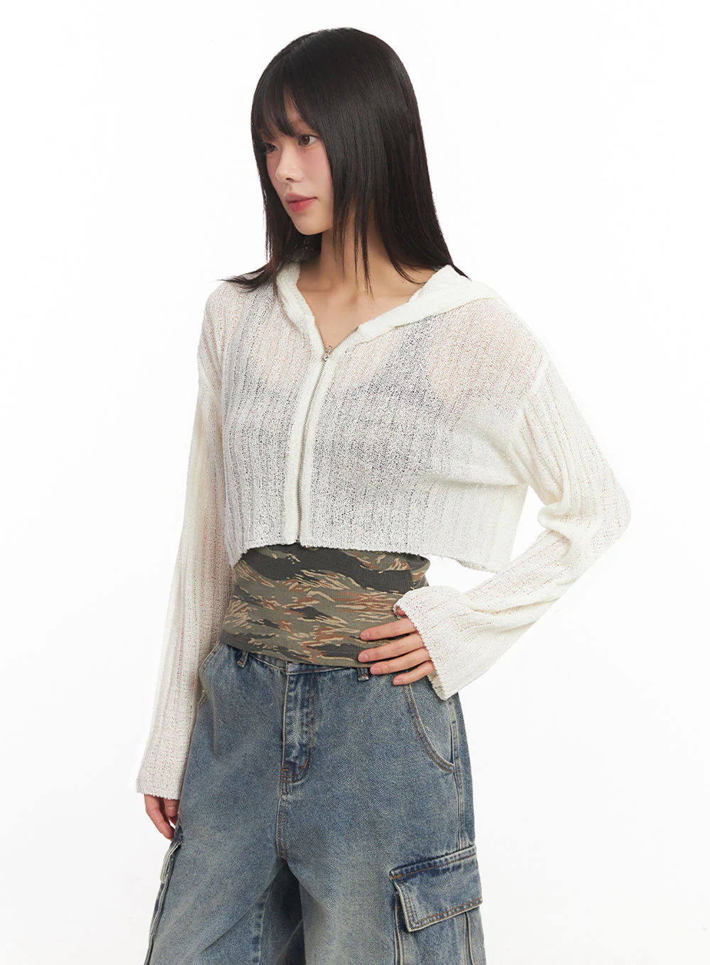 Zip-Up Sheer Hooded Cardigan IA528 - Image 8