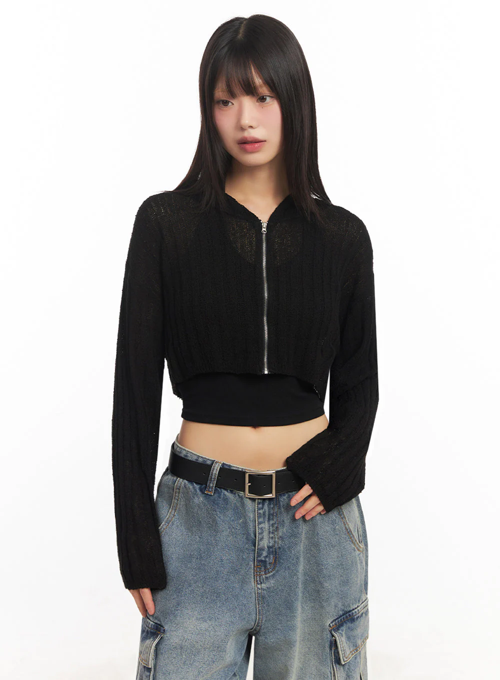 Zip-Up Sheer Hooded Cardigan IA528 - Image 9